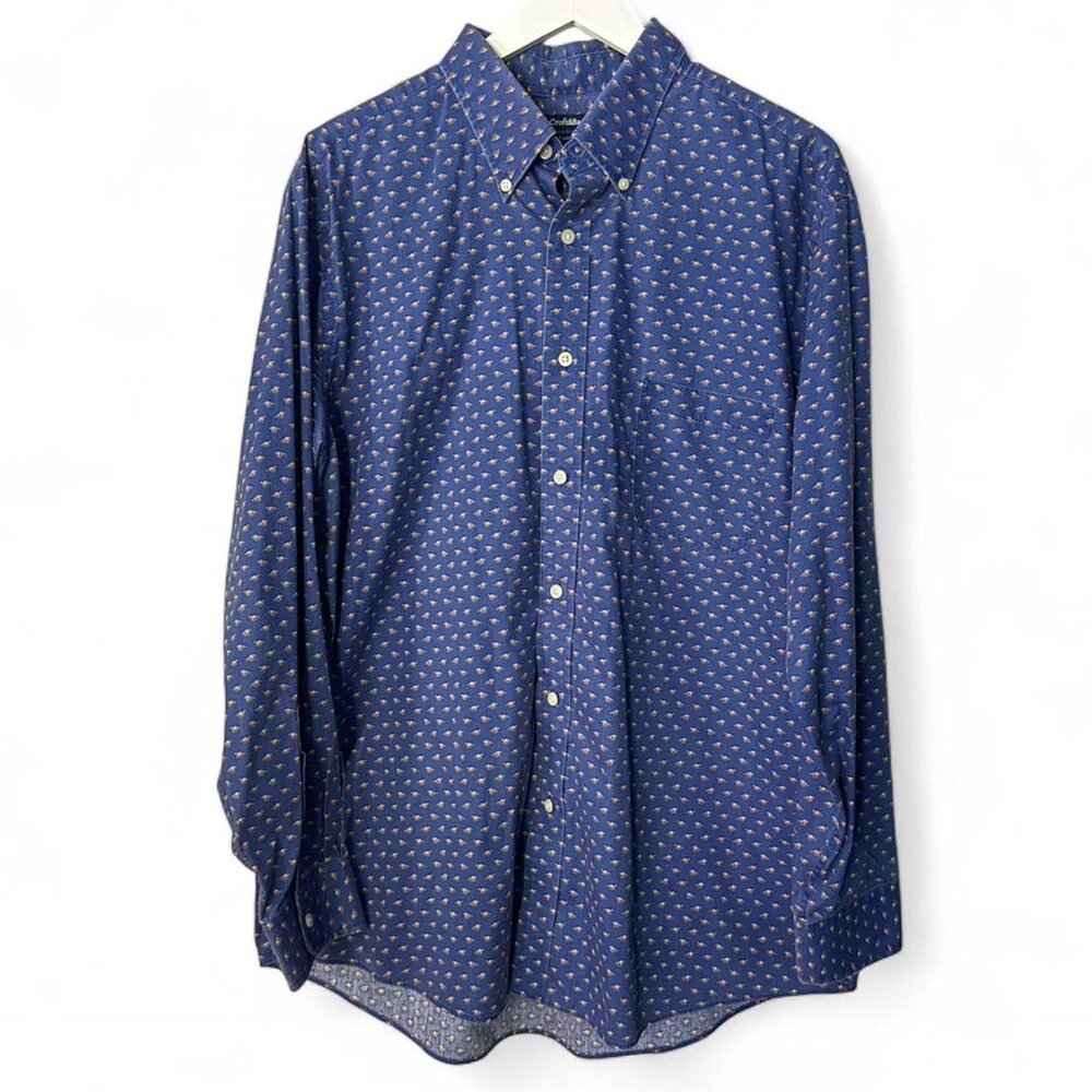 Vintage Croft & Barrow Blue Horse Print Long Sleeve Collared Button Down Shirt